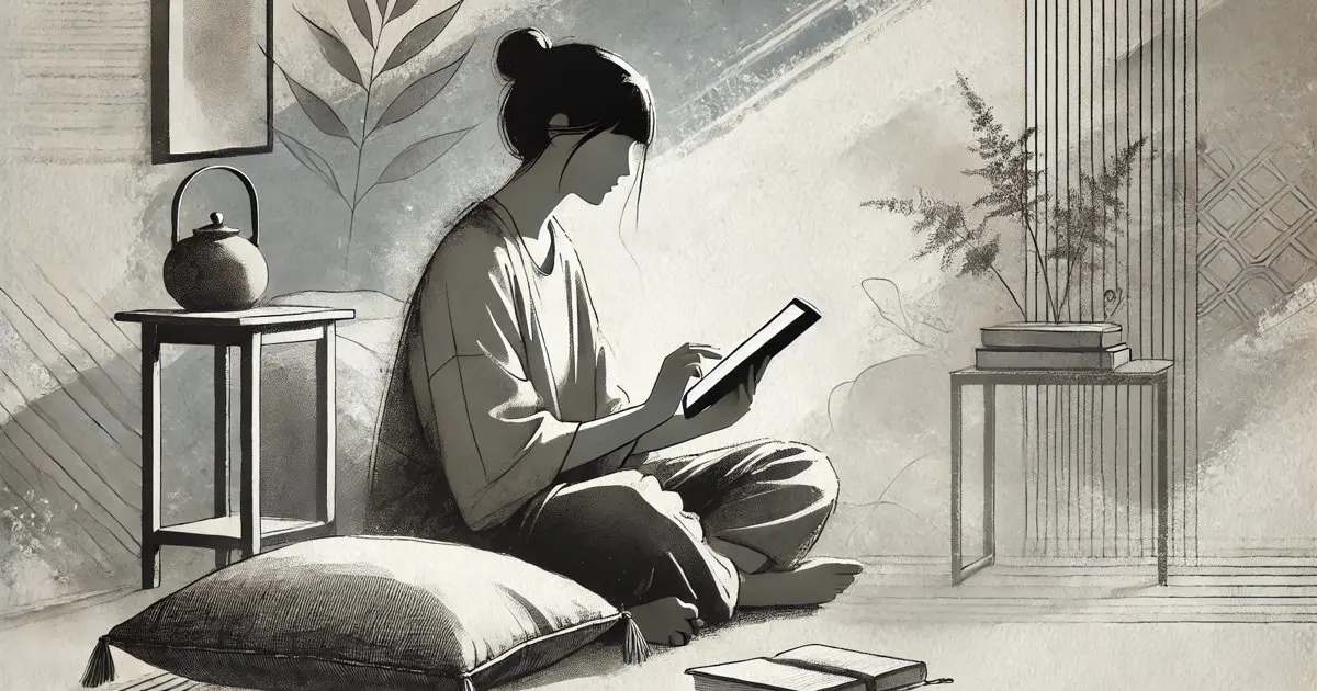 A modern minimalist ink wash style illustration showing a non-native English speaker at an intermediate to advanced level learning English vocabulary.