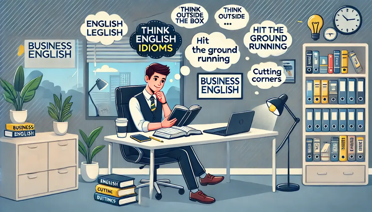 A vector-style illustration of an English learner studying business English idioms.